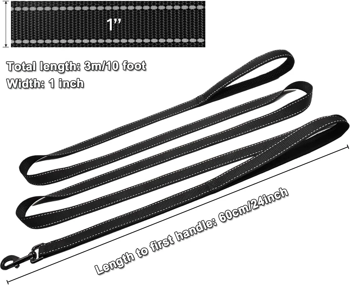 10 FT Traffic Leash with 2 Handle Dog Leash Reflective, Easy Control Training Walking Nylon Two-Double Handle Dog Lead for Large Medium Dogs and Pullers (Black)