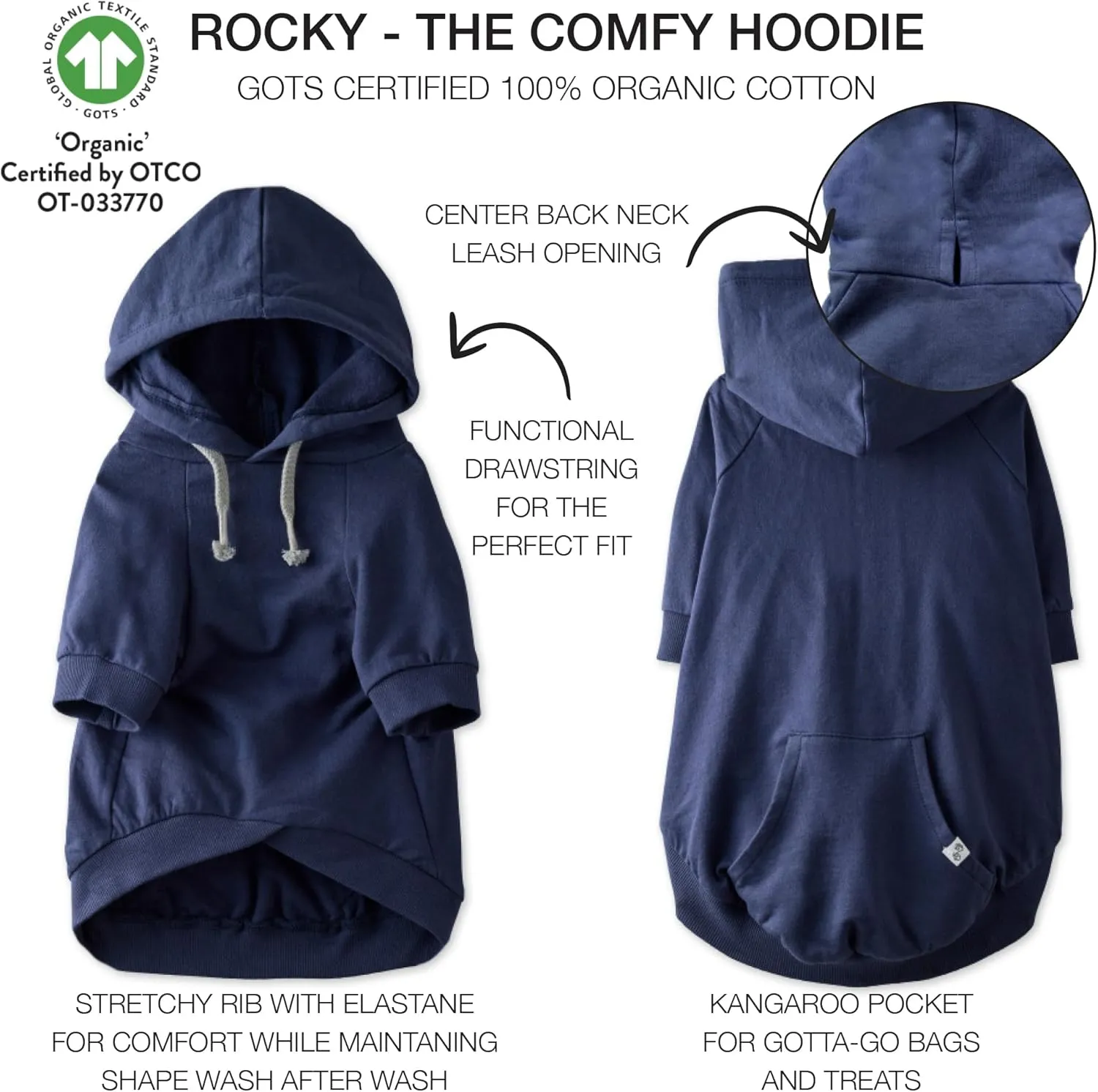 100% Organic Cotton Rocky - The Comfy Dog Hoodie Pet Coat for Small, Medium and Large Dogs, Navy, Medium
