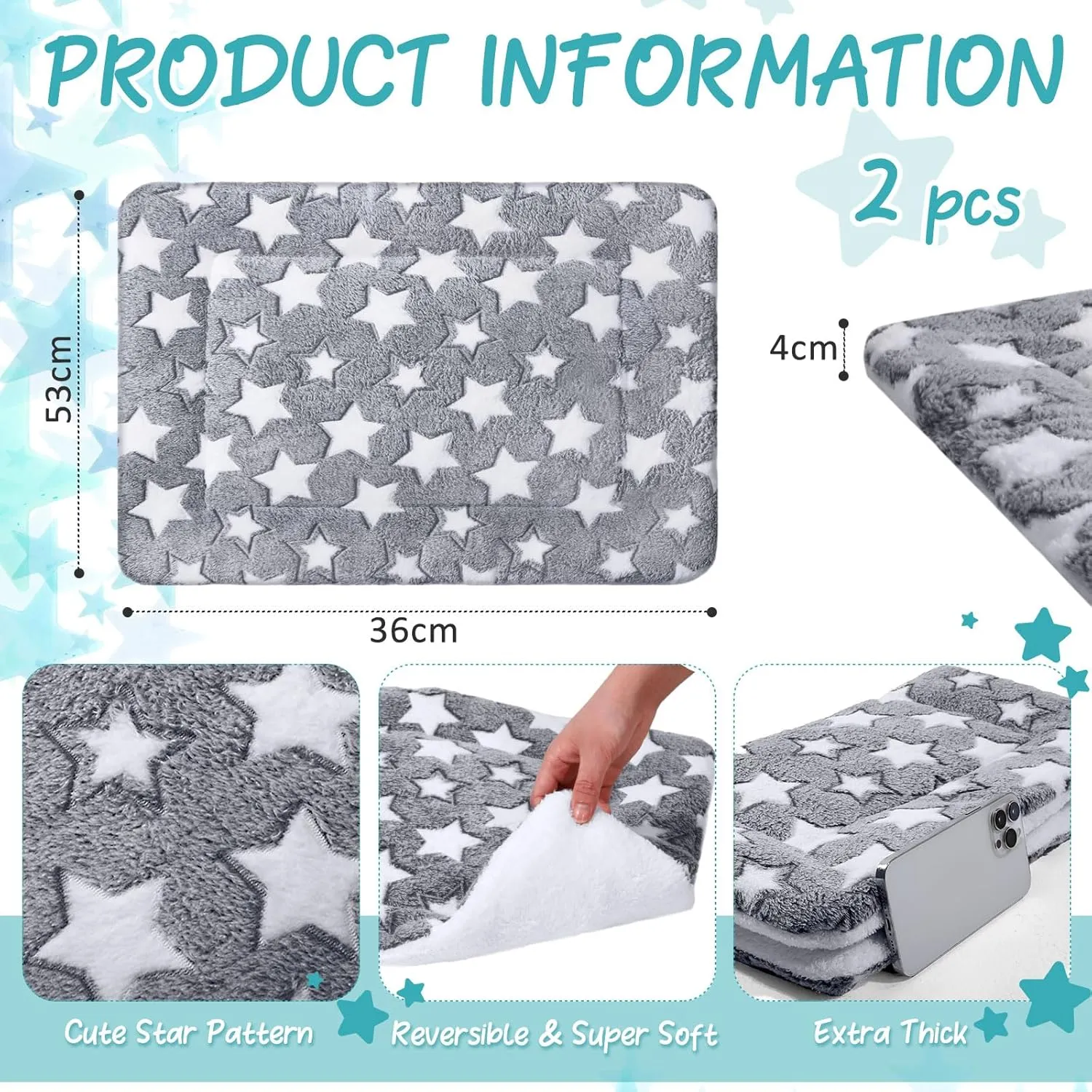 2 Pack Self Warming Cat Mat Self Heating Pad Bed Reversible Machine Washable Reflects Body Heat Warm Thermal Pet Pad Crate Blanket for Feral and Indoor Cat(Star,21" X 14")