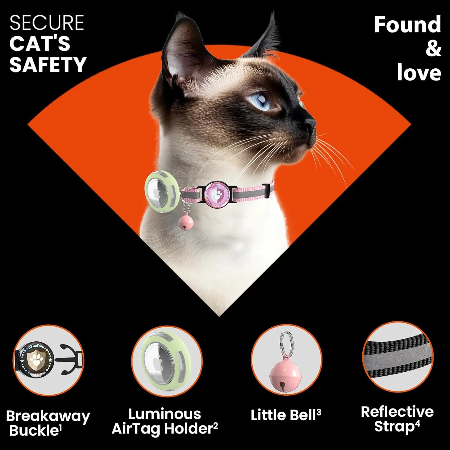 Airtag Cat Collar Breakaway, Reflective Cat Collars with Luminous Apple Airtag Holder, Adjustable Kitten Collars with Bells Pink