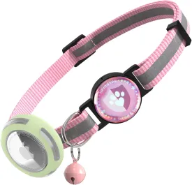 Airtag Cat Collar Breakaway, Reflective Cat Collars with Luminous Apple Airtag Holder, Adjustable Kitten Collars with Bells Pink