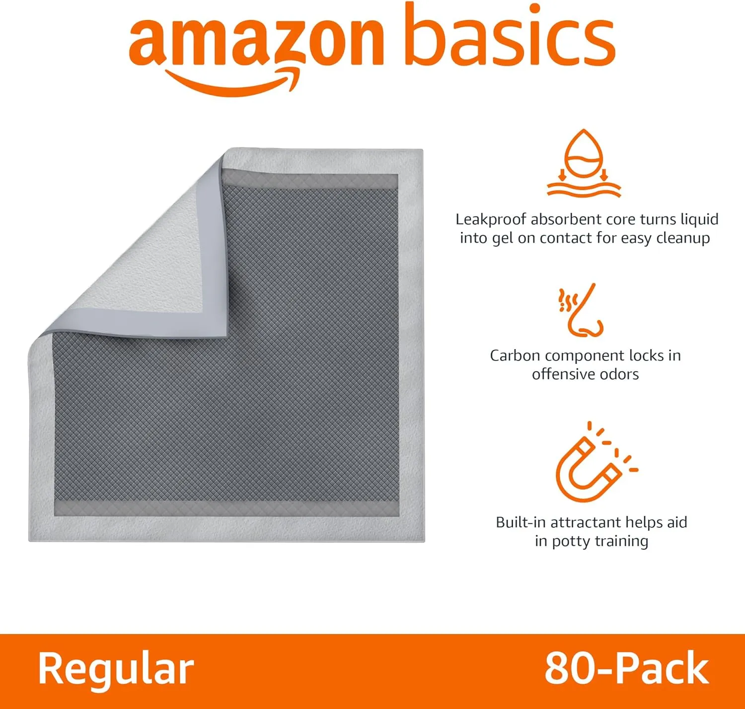 Amazon Basics Dog and Puppy Pee Pads with 5-Layer Leak-Proof Design and Super Absorbent Surface for Potty Training, Odor-Control Carbon, Regular Size, 22 x 22 Inch - Pack of 80, Gray