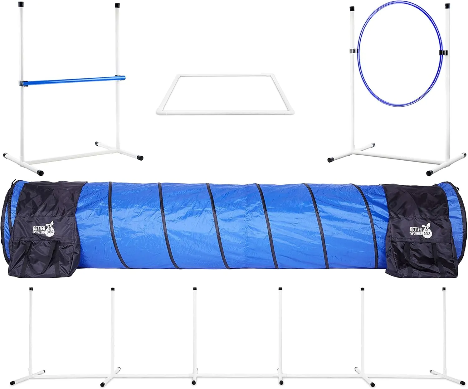 Better Sporting Dogs Complete Starter Agility Set for Dogs | 5 Piece Dog Agility Kit | Agility Jump | Tire Jump | Weave Poles | 10 Tunnel with Sandbags | Pause Box