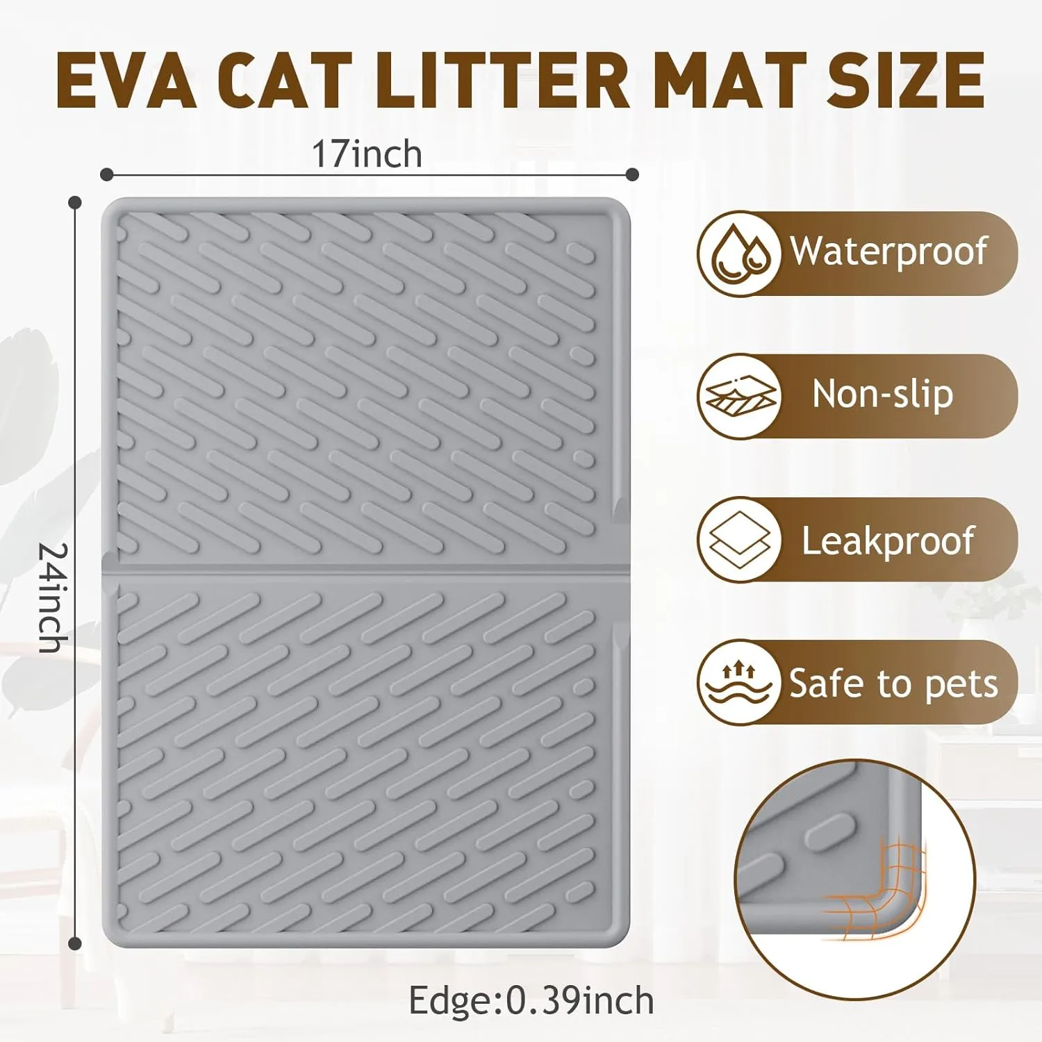 Cat Litter Mat with Grooves & Raised Edge,Urineproof/Waterproof,Litter Scattering Control,Easy to Clean (24 * 17in-Grey-1)