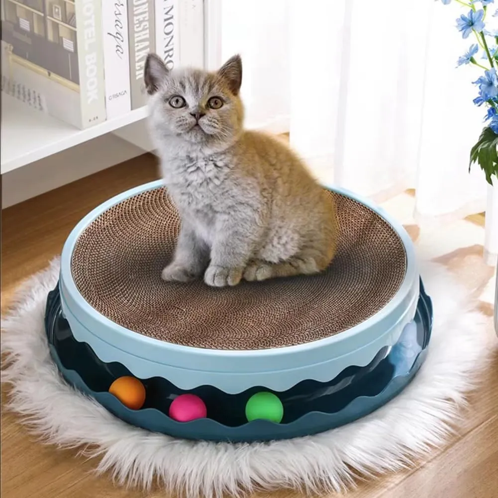 Cat Toy Ball Track and Catnip, Round Cat Scratcher Interactive Round Scratch Pad for Cats, Promotes Play & Scratching (Blue)