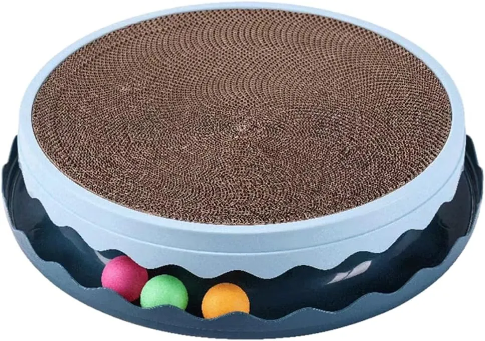 Cat Toy Ball Track and Catnip, Round Cat Scratcher Interactive Round Scratch Pad for Cats, Promotes Play & Scratching (Blue)
