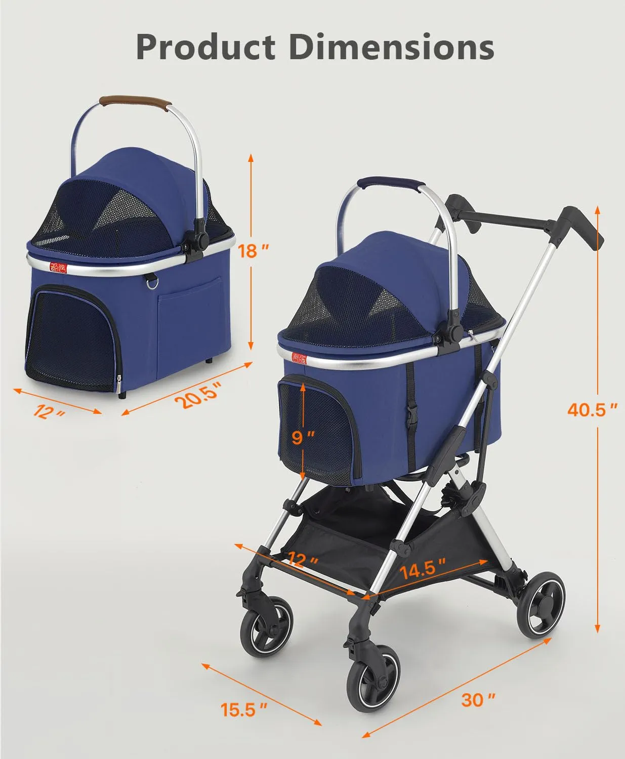Dog Stroller for Small/Medium Pets,Travel Folding Carrier 4 Wheels for Dog Cat Cage Jogger Stroller,Rear Wheel Breaks,Storage Basket,Visible Mesh with Weather Cover (Navy Blue, Model-2)