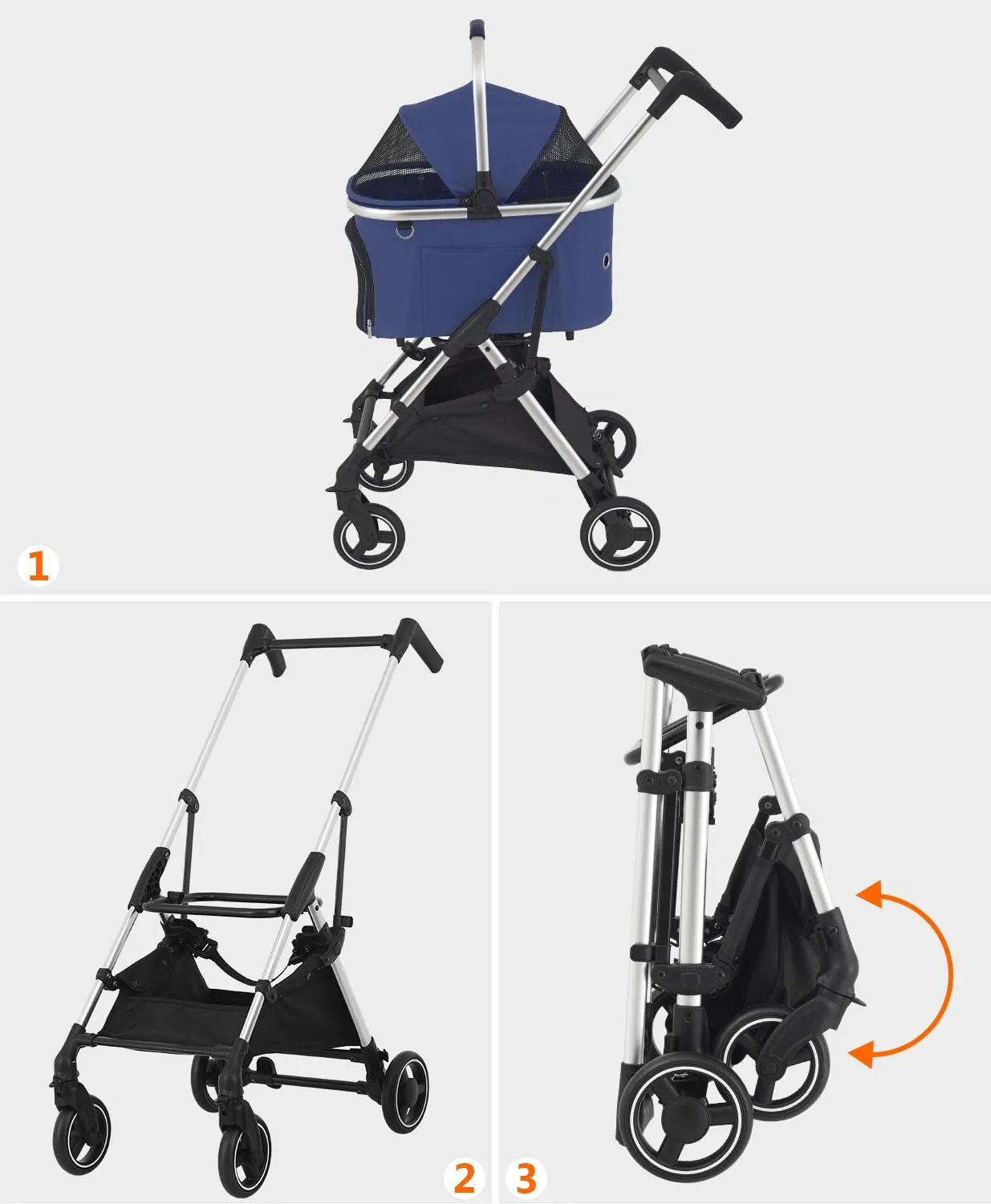 Dog Stroller for Small/Medium Pets,Travel Folding Carrier 4 Wheels for Dog Cat Cage Jogger Stroller,Rear Wheel Breaks,Storage Basket,Visible Mesh with Weather Cover (Navy Blue, Model-2)