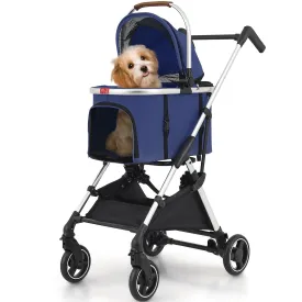 Dog Stroller for Small/Medium Pets,Travel Folding Carrier 4 Wheels for Dog Cat Cage Jogger Stroller,Rear Wheel Breaks,Storage Basket,Visible Mesh with Weather Cover (Navy Blue, Model-2)