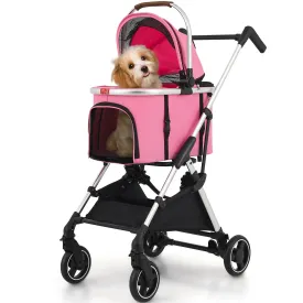 Dog Stroller for Small/Medium Pets,Travel Folding Carrier 4 Wheels for Dog Cat Cage Jogger Stroller,Rear Wheel Breaks,Storage Basket,Visible Mesh with Weather Cover (Pink, Model-2)