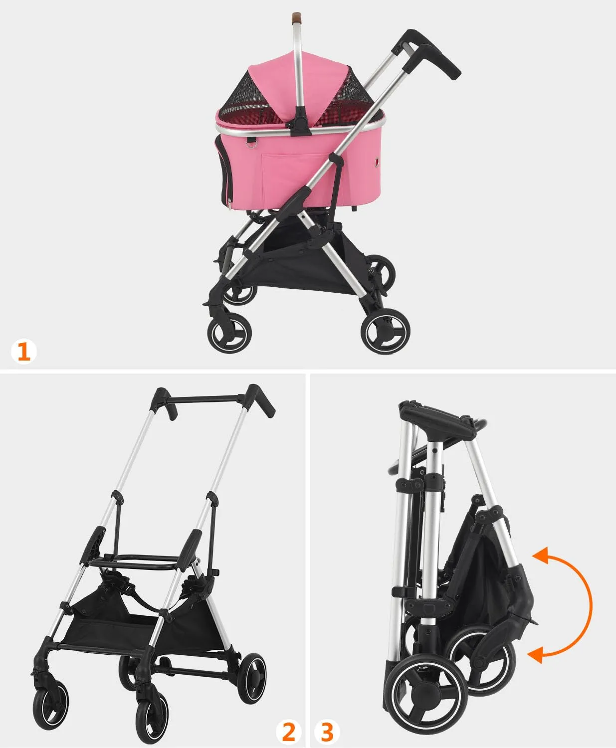 Dog Stroller for Small/Medium Pets,Travel Folding Carrier 4 Wheels for Dog Cat Cage Jogger Stroller,Rear Wheel Breaks,Storage Basket,Visible Mesh with Weather Cover (Pink, Model-2)
