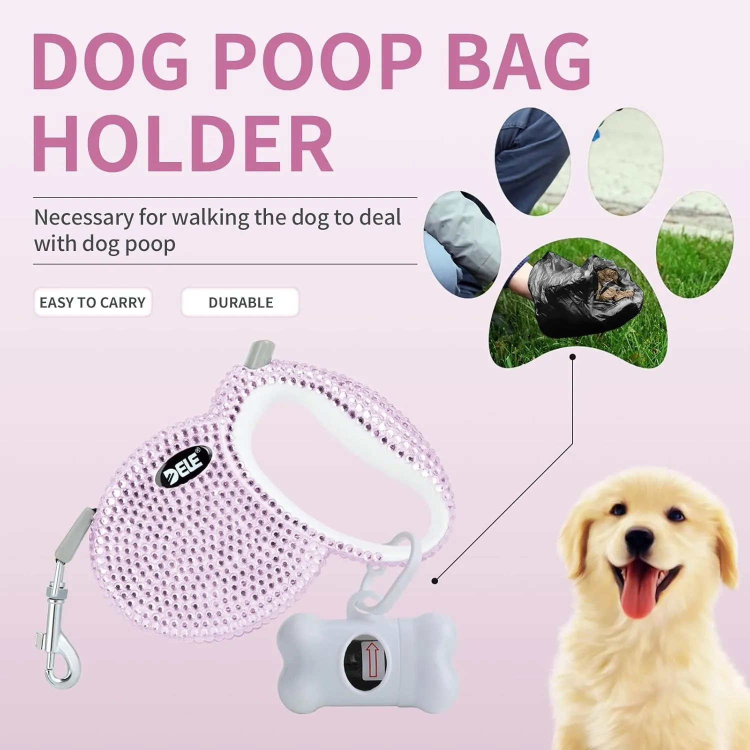 eing Retractable Dog Leash, Pet Walking Leash with Anti-Slip Handle, Strong Nylon Tape, 360Tangle-Free, Suitable for Small Medium Dog Cat, Gift Waste Bags Dispenser Included,10 ft, Pink