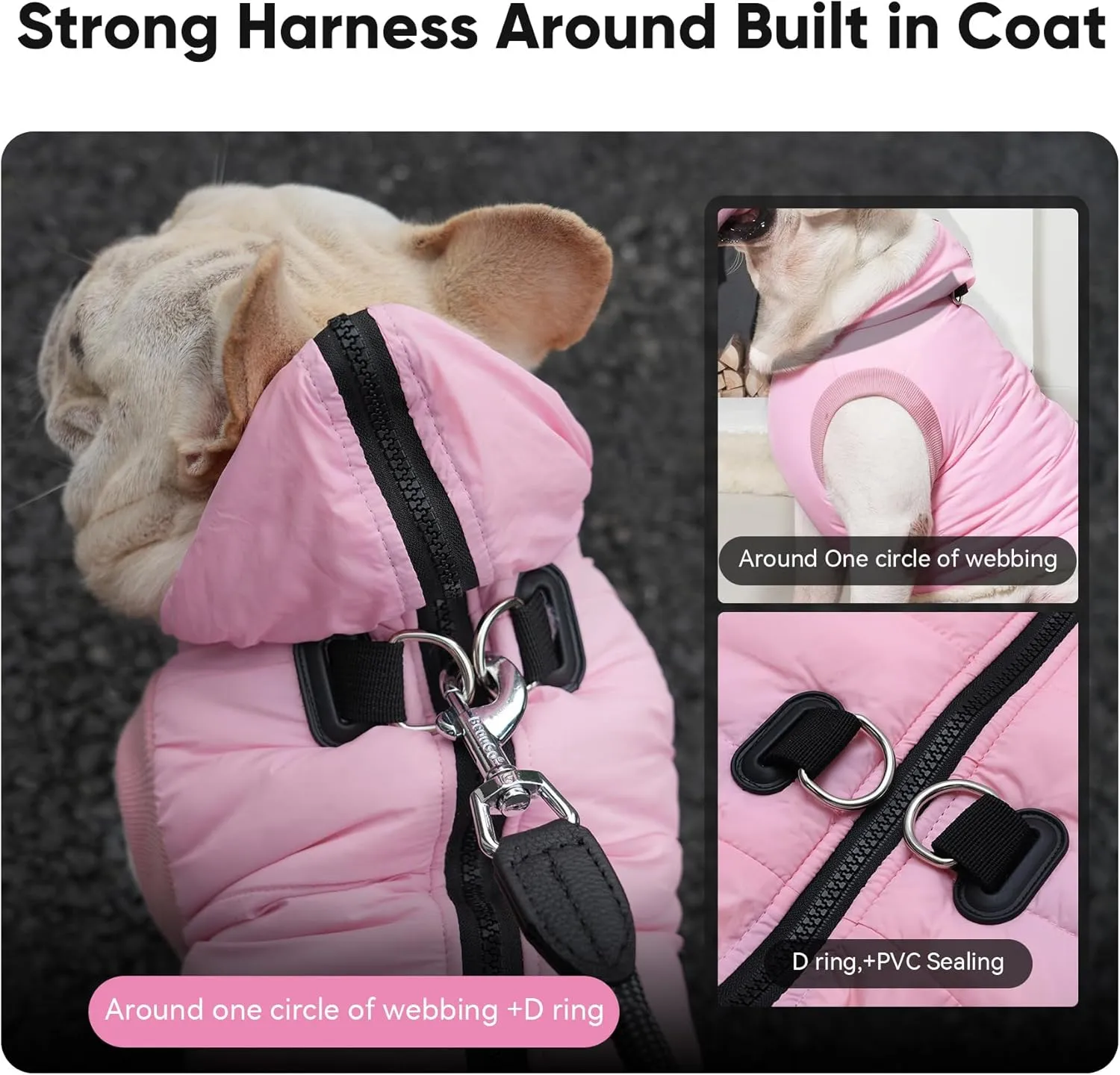 Fleece Lining Dog Hoodie with Harness Built in,Extra Warm Large Dog Jacket in Winter Doggie Coats with Hooded,Light Pink XXXL