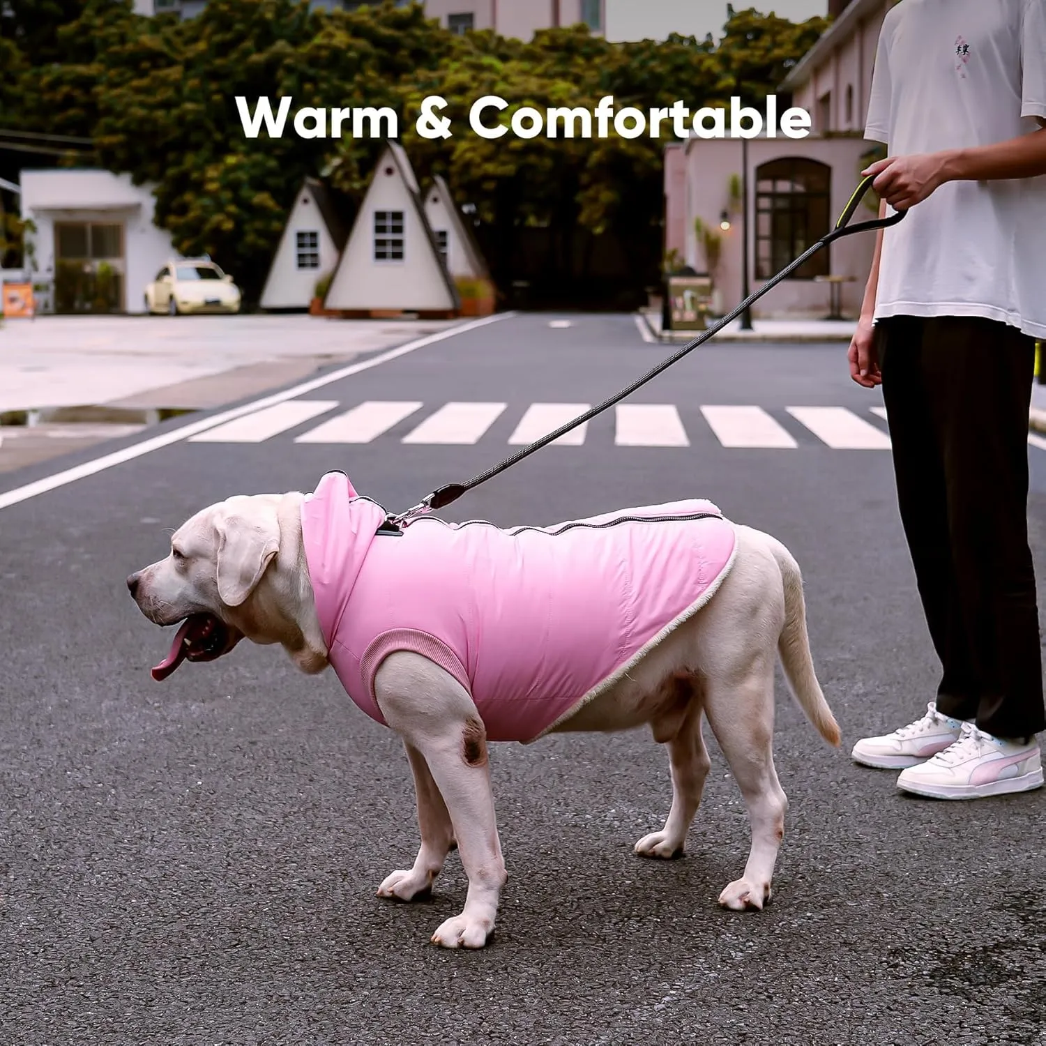 Fleece Lining Dog Hoodie with Harness Built in,Extra Warm Large Dog Jacket in Winter Doggie Coats with Hooded,Light Pink XXXL