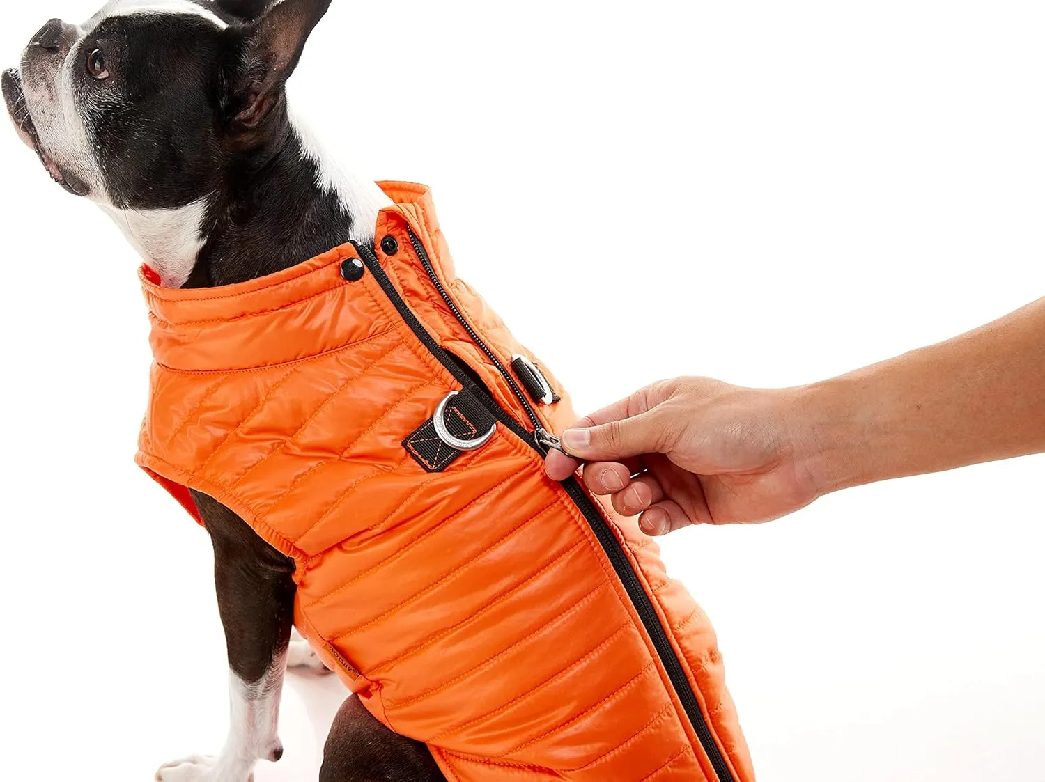 Gooby Puffer Vest Dog Jacket - Orange, Medium - Ultra Thin Zip Up Wind Breaker with Dual D Ring Leash - Water Resistant Small Dog Sweater Coat - Dog Clothes for Small Dogs Boy or Medium Dogs, (18")