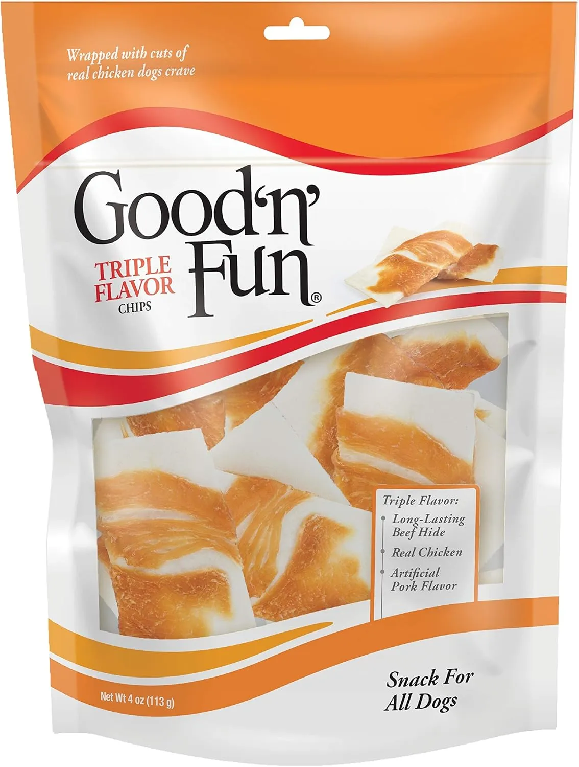 Good'n'Fun Triple Flavor Chips, Dog Chew Treats, Premium Chicken and Beef Hide Treats for Dogs, 4 oz