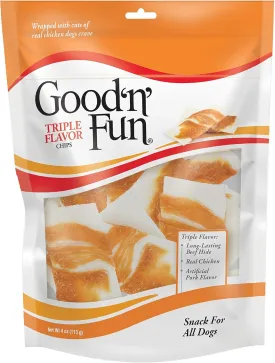 Good'n'Fun Triple Flavor Chips, Dog Chew Treats, Premium Chicken and Beef Hide Treats for Dogs, 4 oz