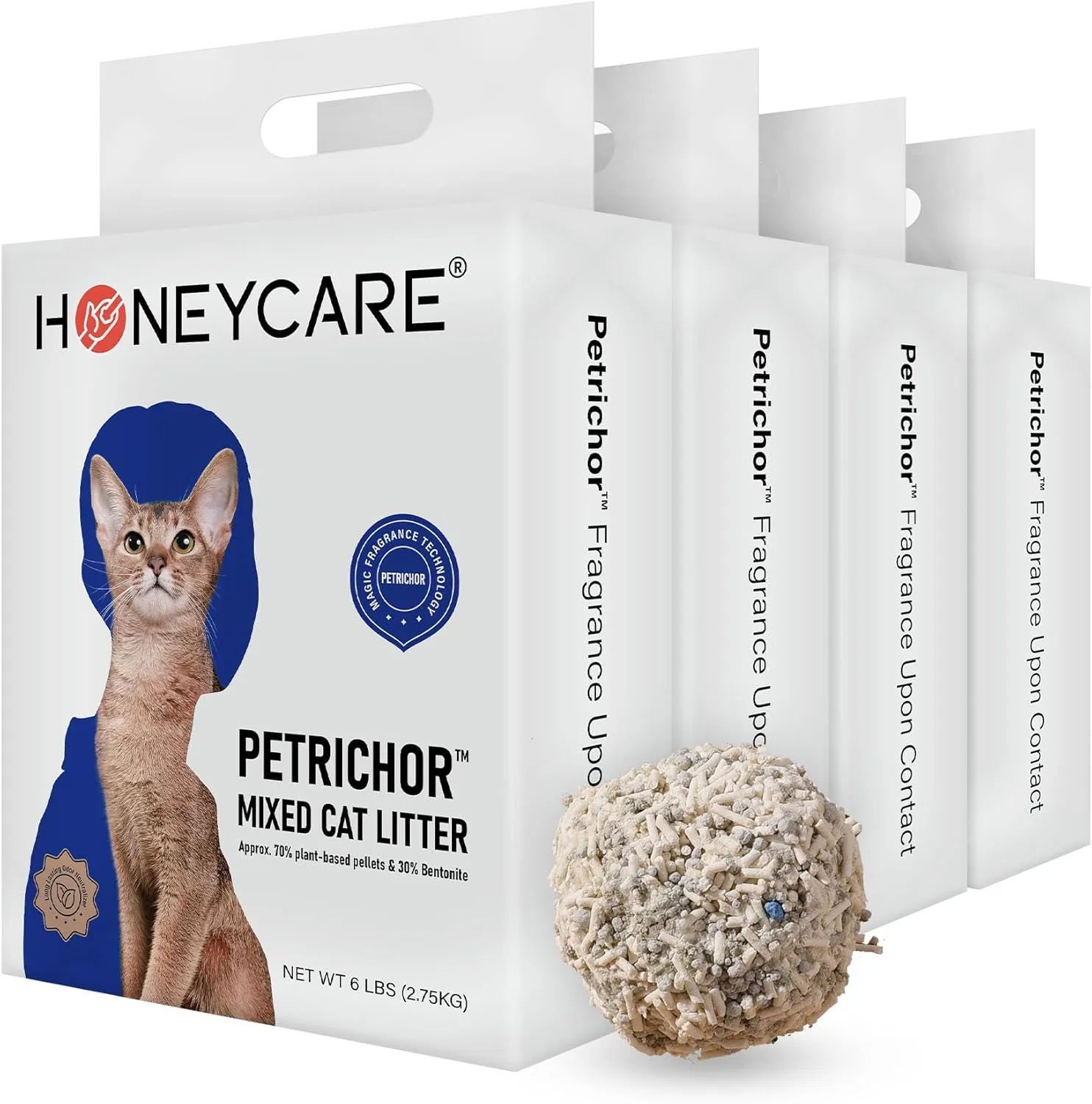 HONEY CARE Petrichor Mix Cat Litter I Tofu Cat Litter I Nature Plant-Based Pellets and Bentonite Sustainable I Low-Dust Qucik Clumping Superior Odor Control, 24-lbs Value Pack (6 lbs x 4)