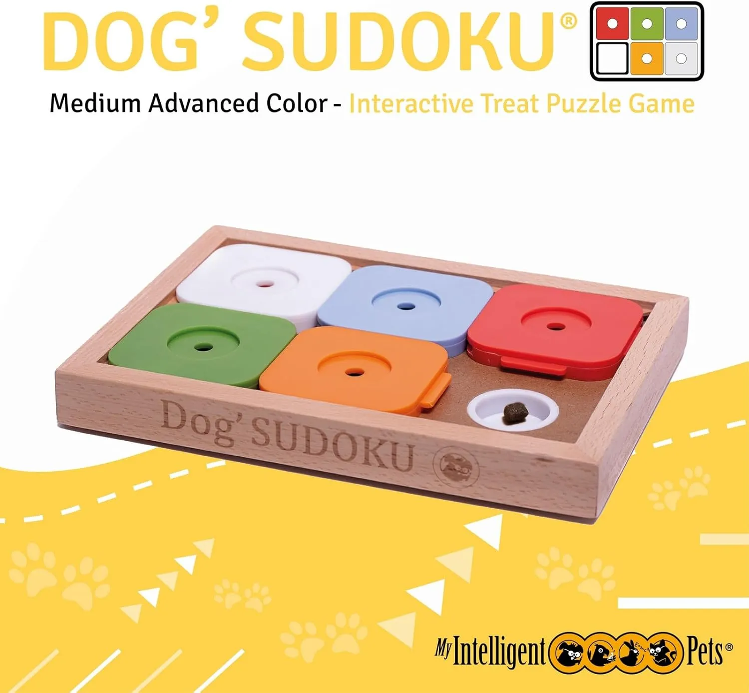 Interactive Sudoku Puzzle for Small Dogs and Cats - Advanced Brain Pet Toy - 6 Treat-Hiding Holes, Medium Wood and Plastic Design