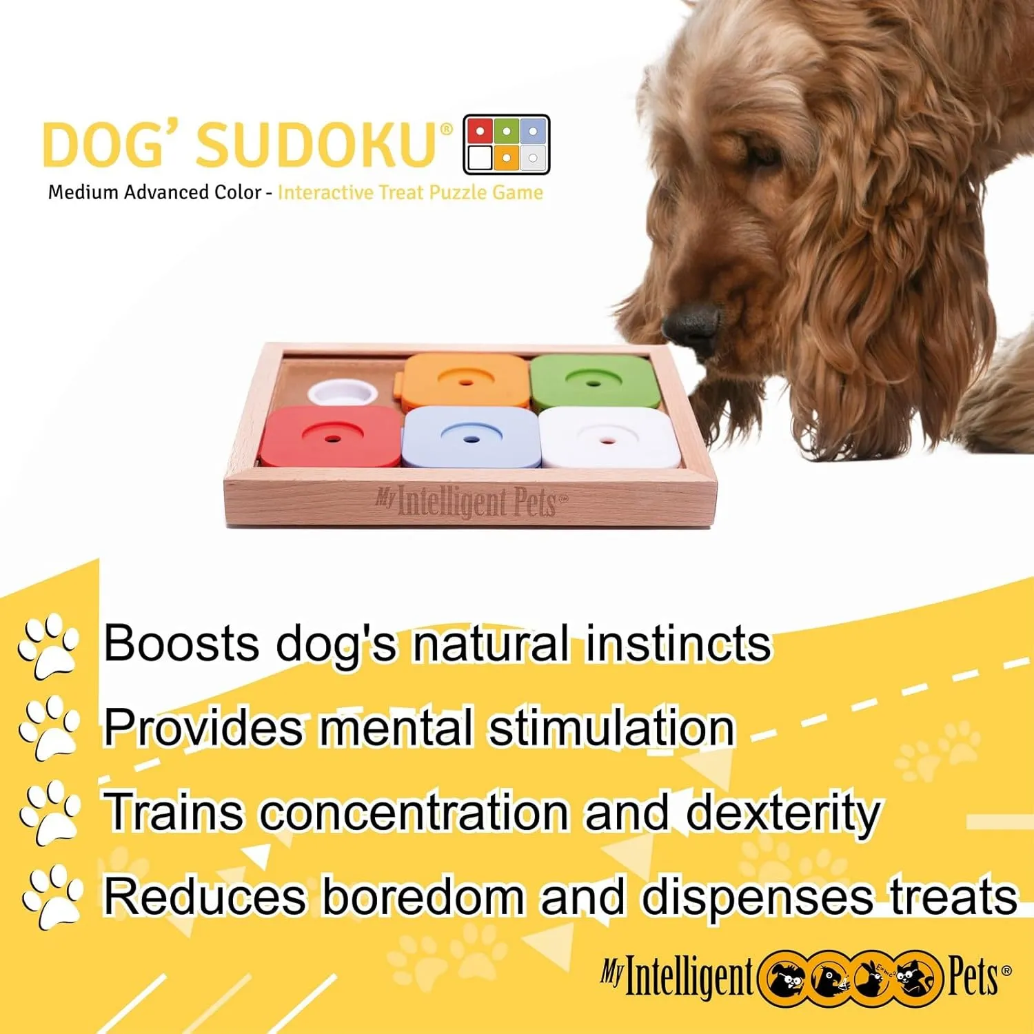 Interactive Sudoku Puzzle for Small Dogs and Cats - Advanced Brain Pet Toy - 6 Treat-Hiding Holes, Medium Wood and Plastic Design