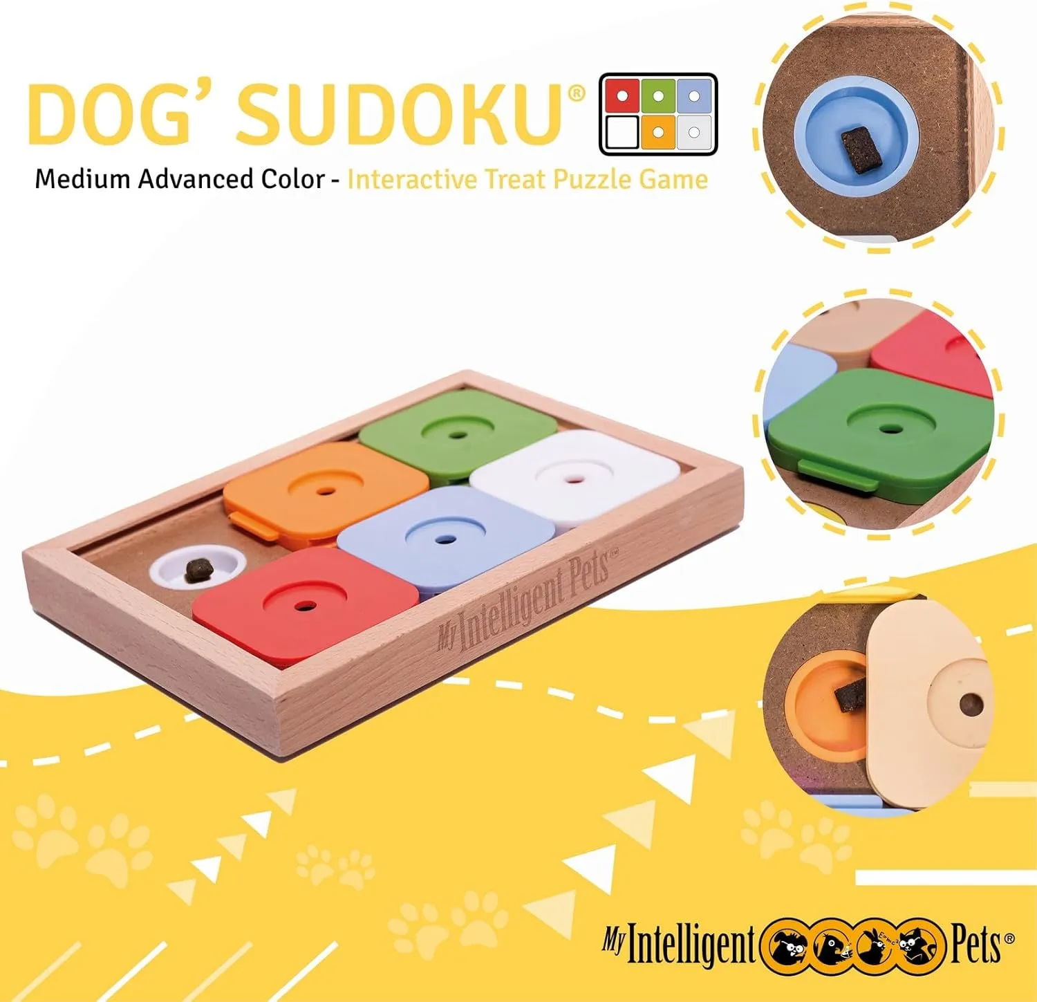 Interactive Sudoku Puzzle for Small Dogs and Cats - Advanced Brain Pet Toy - 6 Treat-Hiding Holes, Medium Wood and Plastic Design