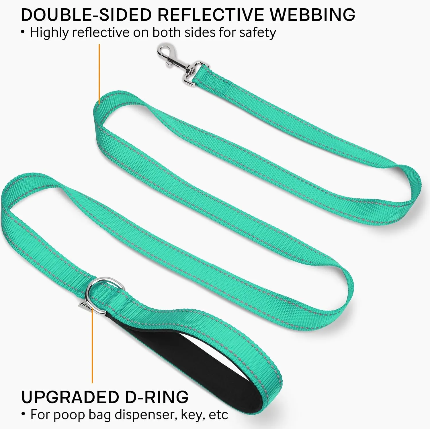 Joytale Double-Sided Reflective Dog Leash, 6 FT/5 FT/4 FT, Padded Handle Nylon Heavy Duty Leashes for Medium & Large Dogs Walking, Teal, 6FT