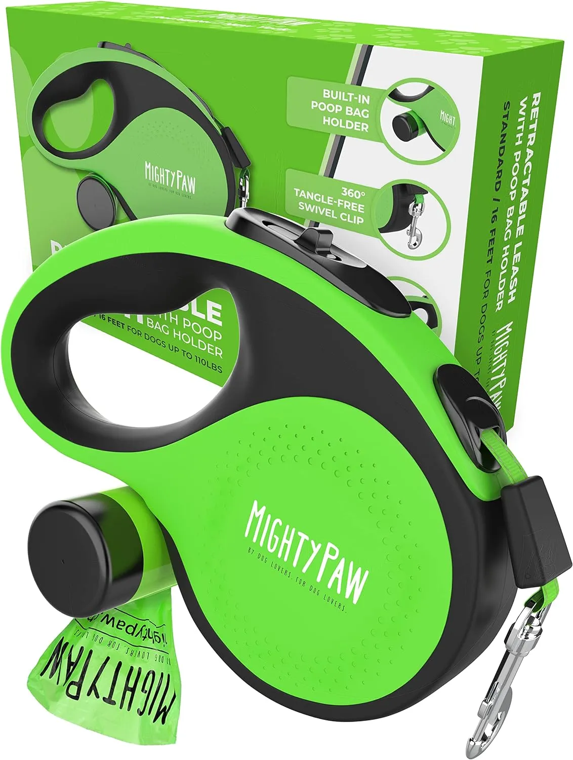Mighty Paw Retractable Leash with Built-in Poop Bag Holder | 16' Long Retractable Dog Leash for Small Dogs, Medium Breeds & Large Pets with Tape for Quick Control. Poop Bags Included