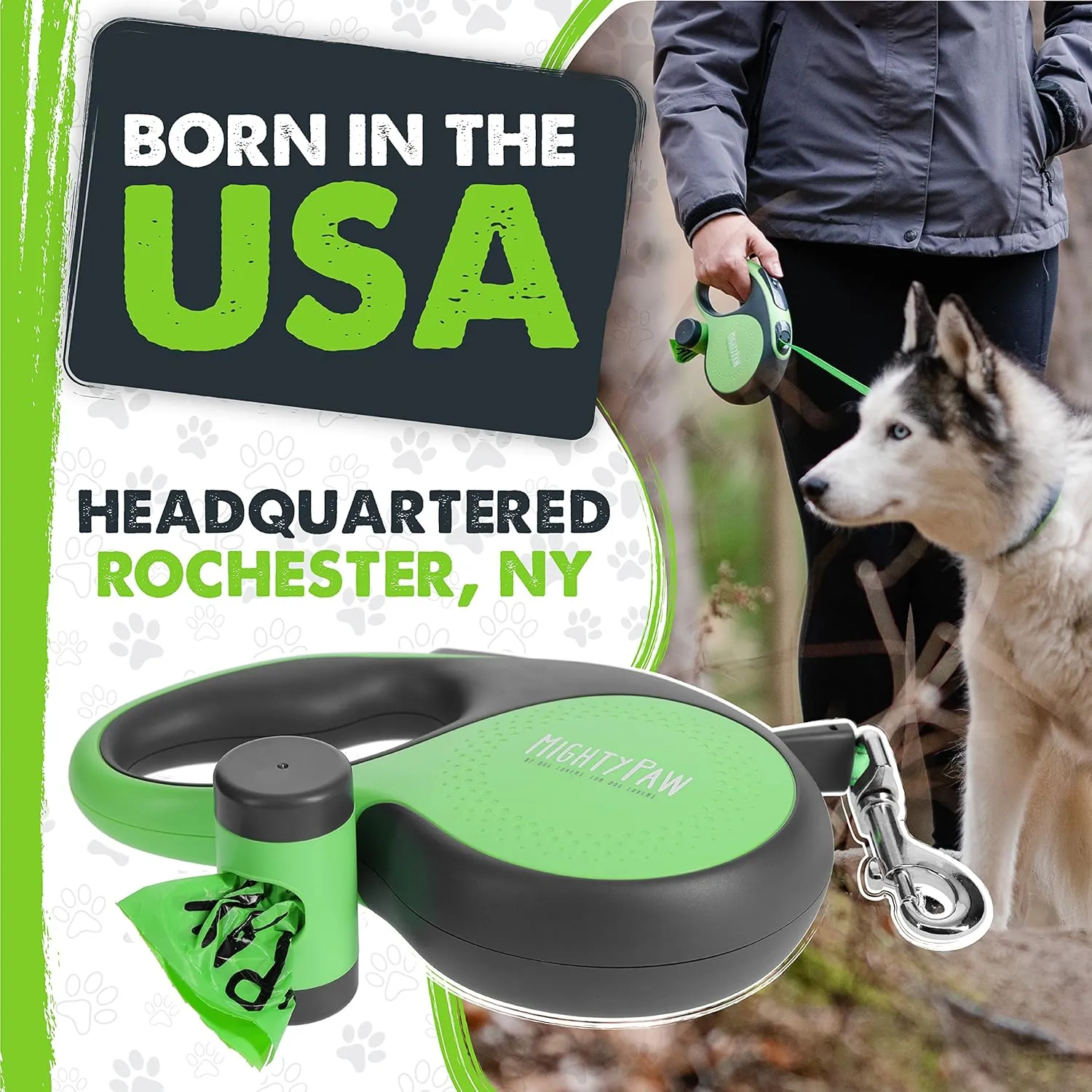 Mighty Paw Retractable Leash with Built-in Poop Bag Holder | 16' Long Retractable Dog Leash for Small Dogs, Medium Breeds & Large Pets with Tape for Quick Control. Poop Bags Included