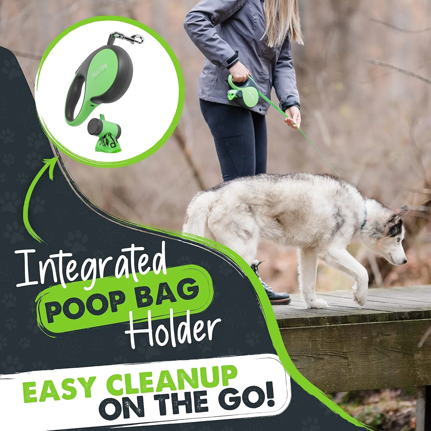 Mighty Paw Retractable Leash with Built-in Poop Bag Holder | 16' Long Retractable Dog Leash for Small Dogs, Medium Breeds & Large Pets with Tape for Quick Control. Poop Bags Included