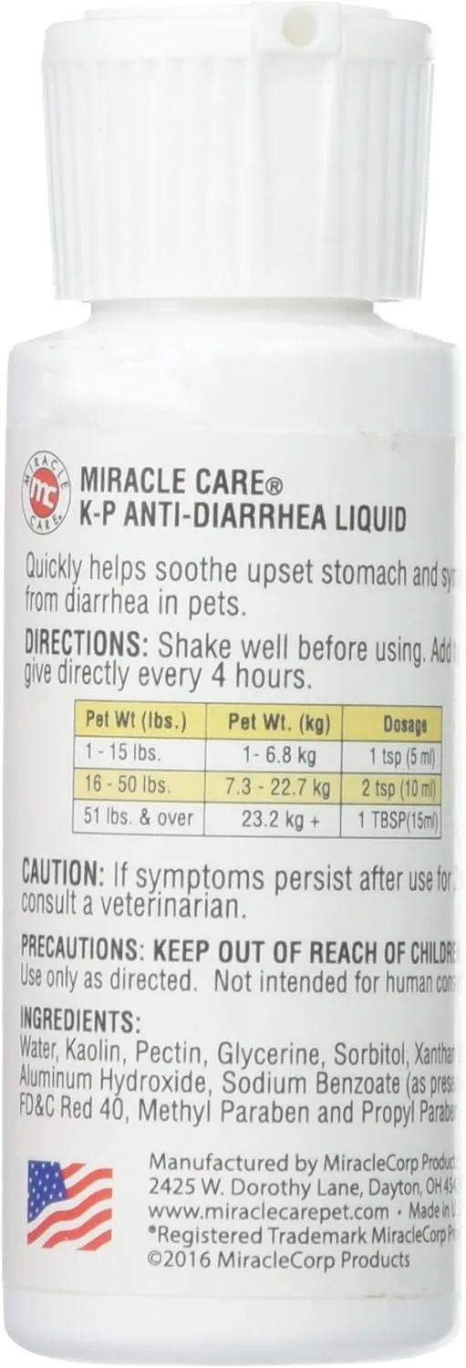 Miracle Care Anti Diarrhea Liquid, Relief for Dogs and Cats, 2 Ounce, Kaolin and Pectin Soothes Upset Stomach