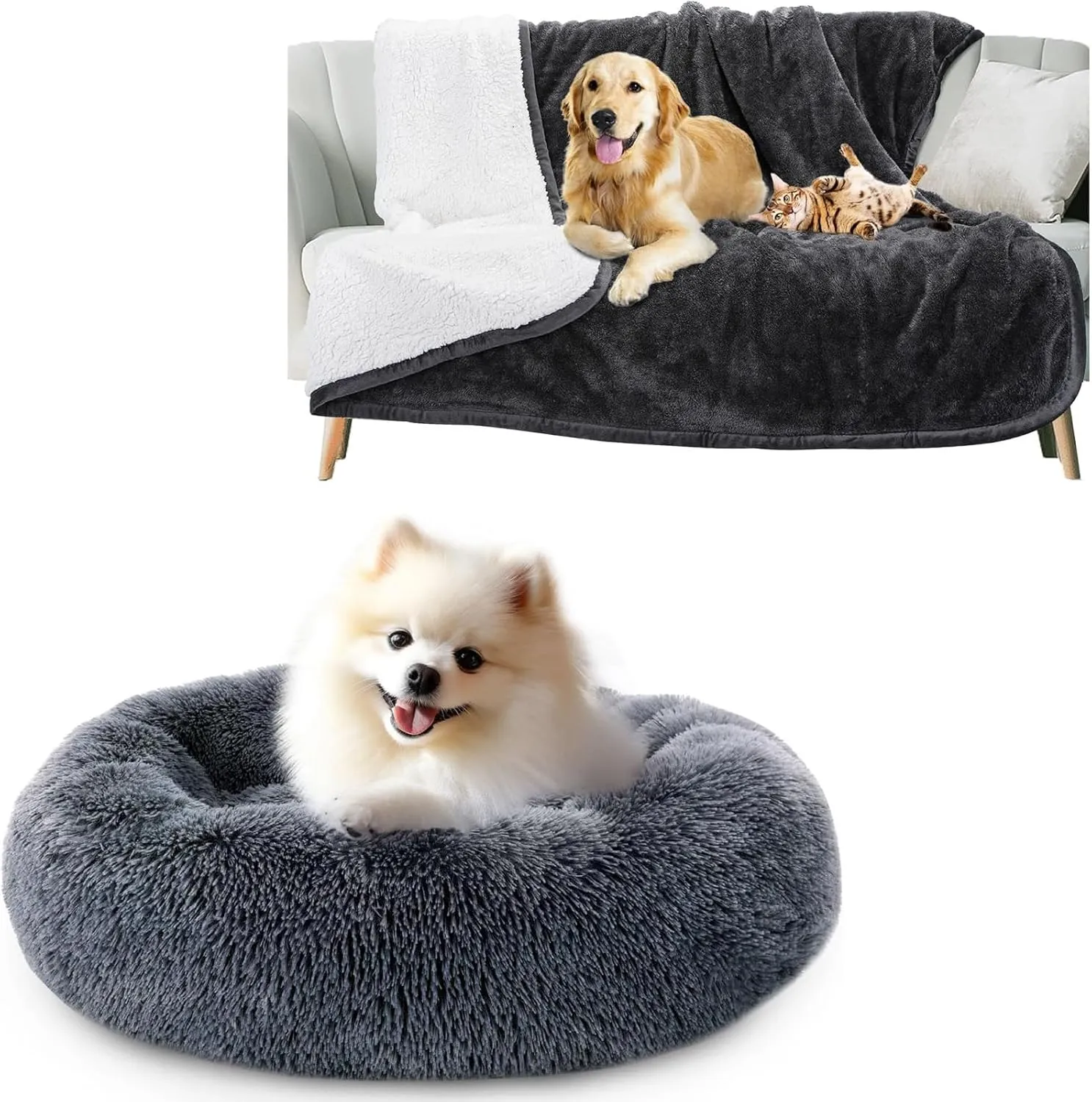 Nobleza Dog Beds for Small Dogs, Washable Soft Round Fluffy Donut Self Warming Cat Bed, 23" x 23" x 7", Dark Grey & Waterproof Dog Blanket, Reversible Warm Sherpa Fleece Puppy Blanket, 50"  60" Grey