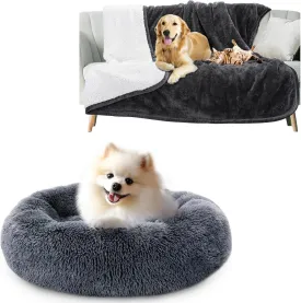 Nobleza Dog Beds for Small Dogs, Washable Soft Round Fluffy Donut Self Warming Cat Bed, 23" x 23" x 7", Dark Grey & Waterproof Dog Blanket, Reversible Warm Sherpa Fleece Puppy Blanket, 50"  60" Grey