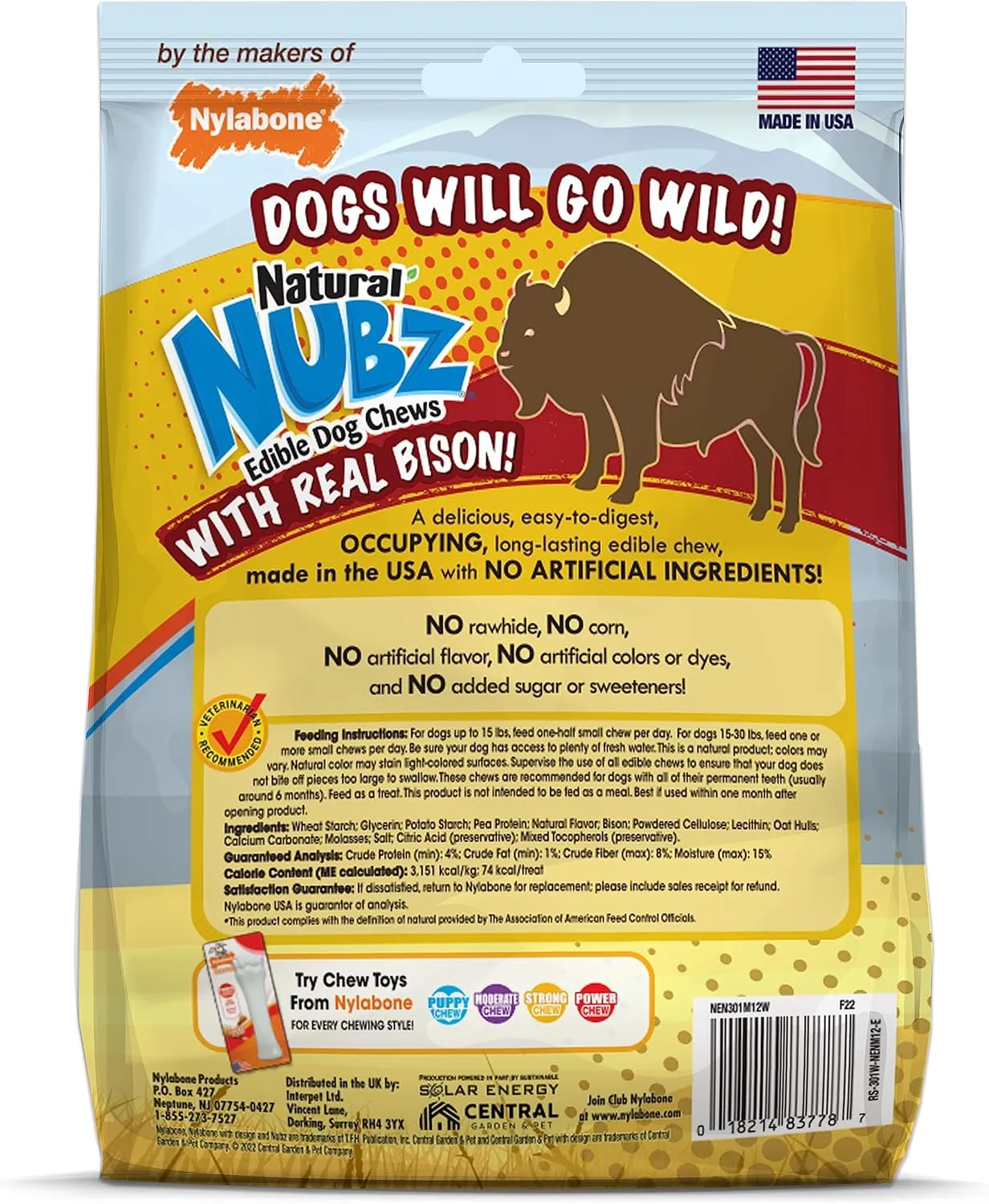 Nylabone Nubz Wild Natural Edible Chew Treats for Dogs, Made in USA, Bison Flavor, Small - Up to 25 lbs. (12 Count)