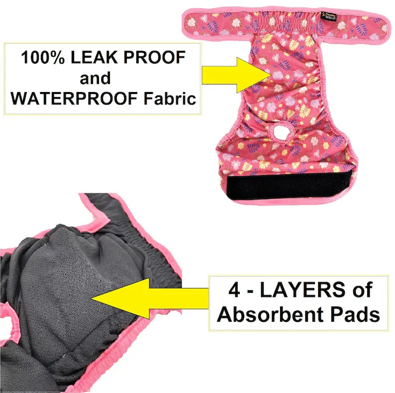 PACK of 3 Female Dog Diapers with 4 - LAYERS of Absorbent Pads WATERPROOF Leak Proof Washable for Small and Large Pet
