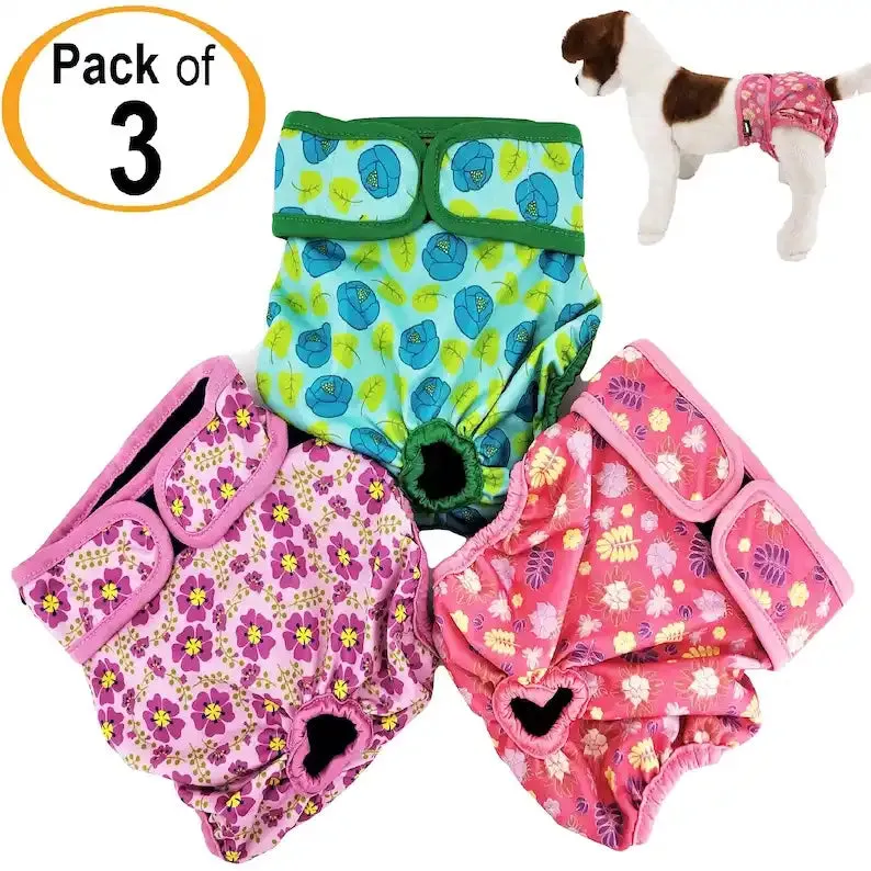 PACK of 3 Female Dog Diapers with 4 - LAYERS of Absorbent Pads WATERPROOF Leak Proof Washable for Small and Large Pet
