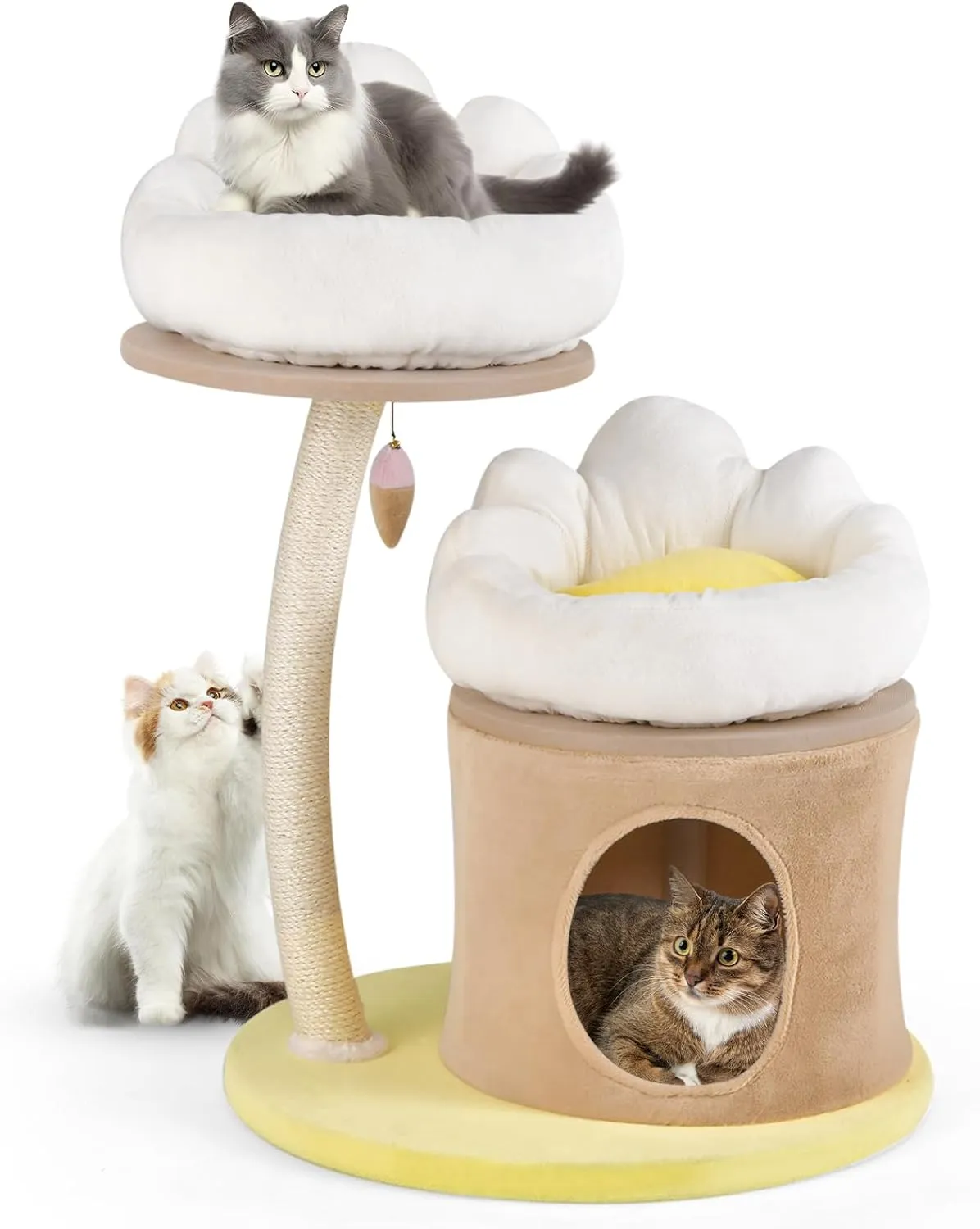 PETSITE 33 Inch Cute Cat Tree, Modern Cat Tower with Sisal Scratching Post, Cat Condo, Interactive Teasing Toy, 2 Removable and Washable Top Perches, Small Cat Tree for Indoor Cats