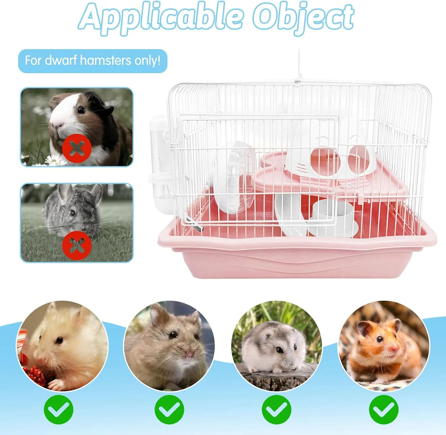 PINVNBY Dwarf Hamster Cage, Small Animal Cages, 2-Tier Travel Portable Mouse Cage Hamster Carrier with Castle House Running Exercise Wheels, Water Bottle and Food DisPink