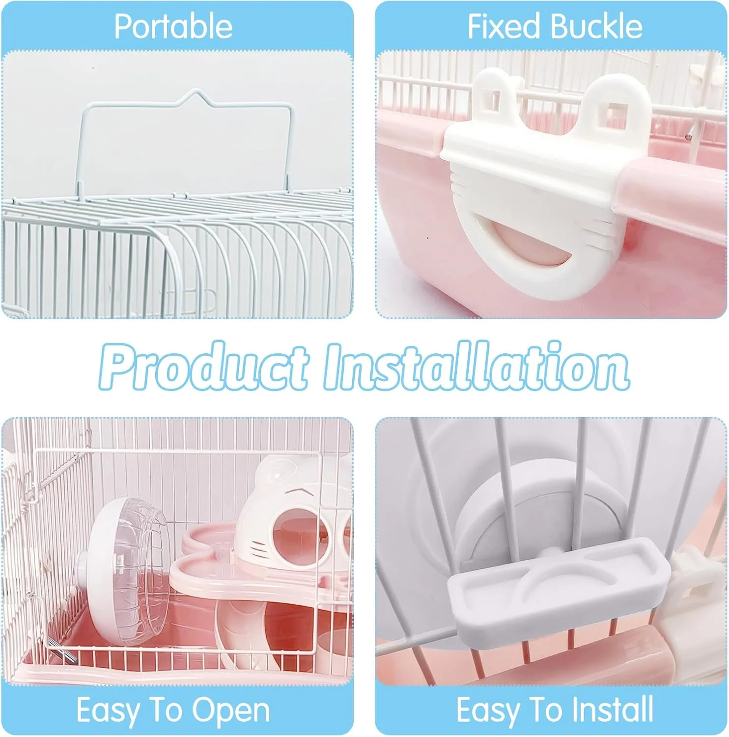 PINVNBY Dwarf Hamster Cage, Small Animal Cages, 2-Tier Travel Portable Mouse Cage Hamster Carrier with Castle House Running Exercise Wheels, Water Bottle and Food DisPink