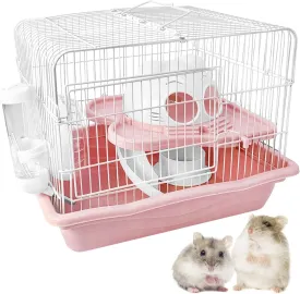 PINVNBY Dwarf Hamster Cage, Small Animal Cages, 2-Tier Travel Portable Mouse Cage Hamster Carrier with Castle House Running Exercise Wheels, Water Bottle and Food DisPink