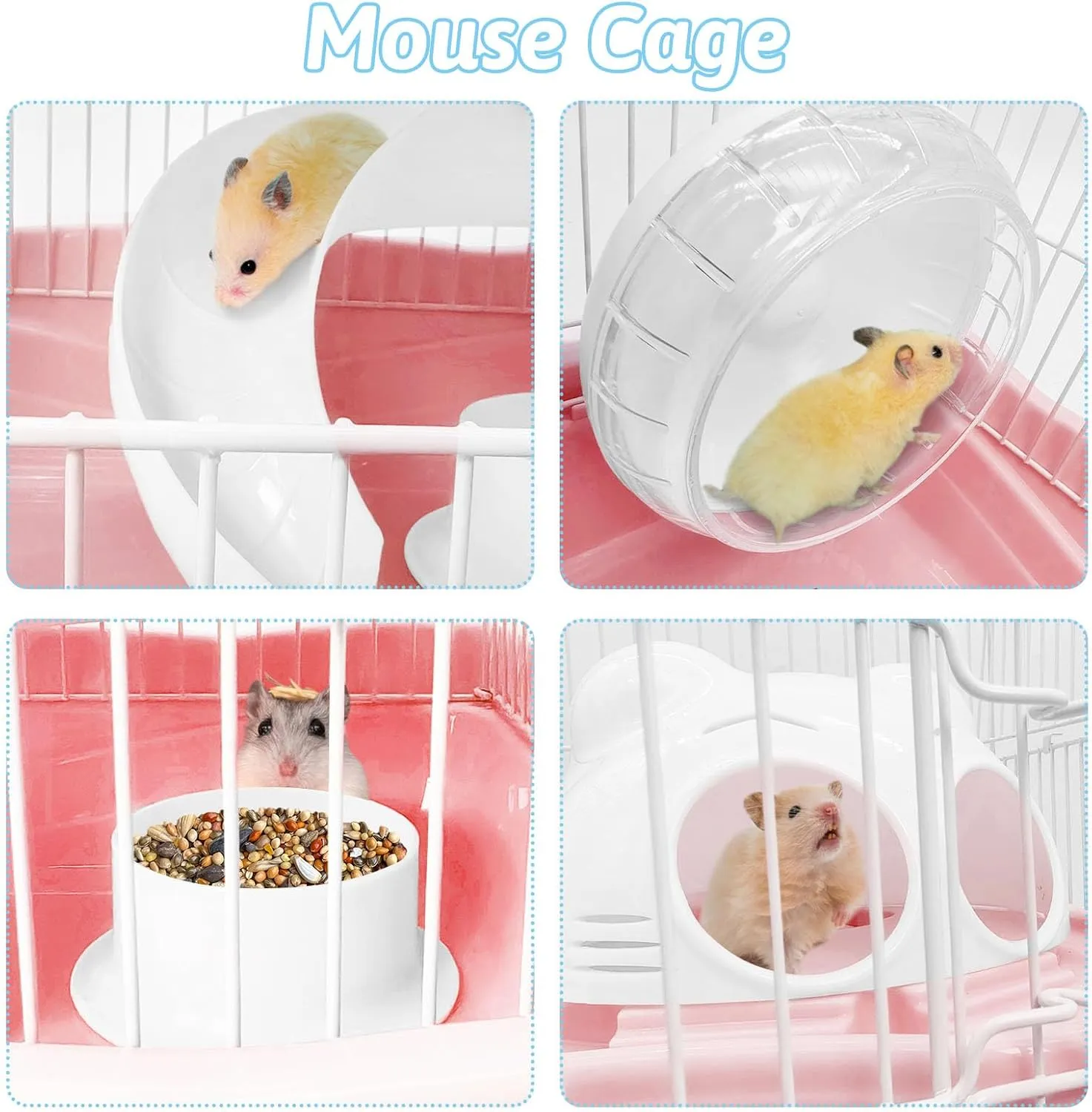 PINVNBY Dwarf Hamster Cage, Small Animal Cages, 2-Tier Travel Portable Mouse Cage Hamster Carrier with Castle House Running Exercise Wheels, Water Bottle and Food DisPink