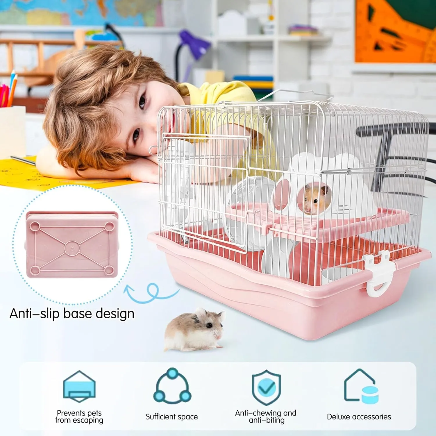 PINVNBY Dwarf Hamster Cage, Small Animal Cages, 2-Tier Travel Portable Mouse Cage Hamster Carrier with Castle House Running Exercise Wheels, Water Bottle and Food DisPink