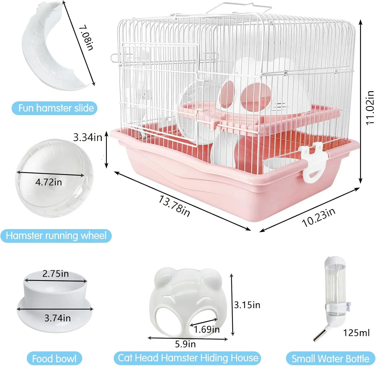 PINVNBY Dwarf Hamster Cage, Small Animal Cages, 2-Tier Travel Portable Mouse Cage Hamster Carrier with Castle House Running Exercise Wheels, Water Bottle and Food DisPink
