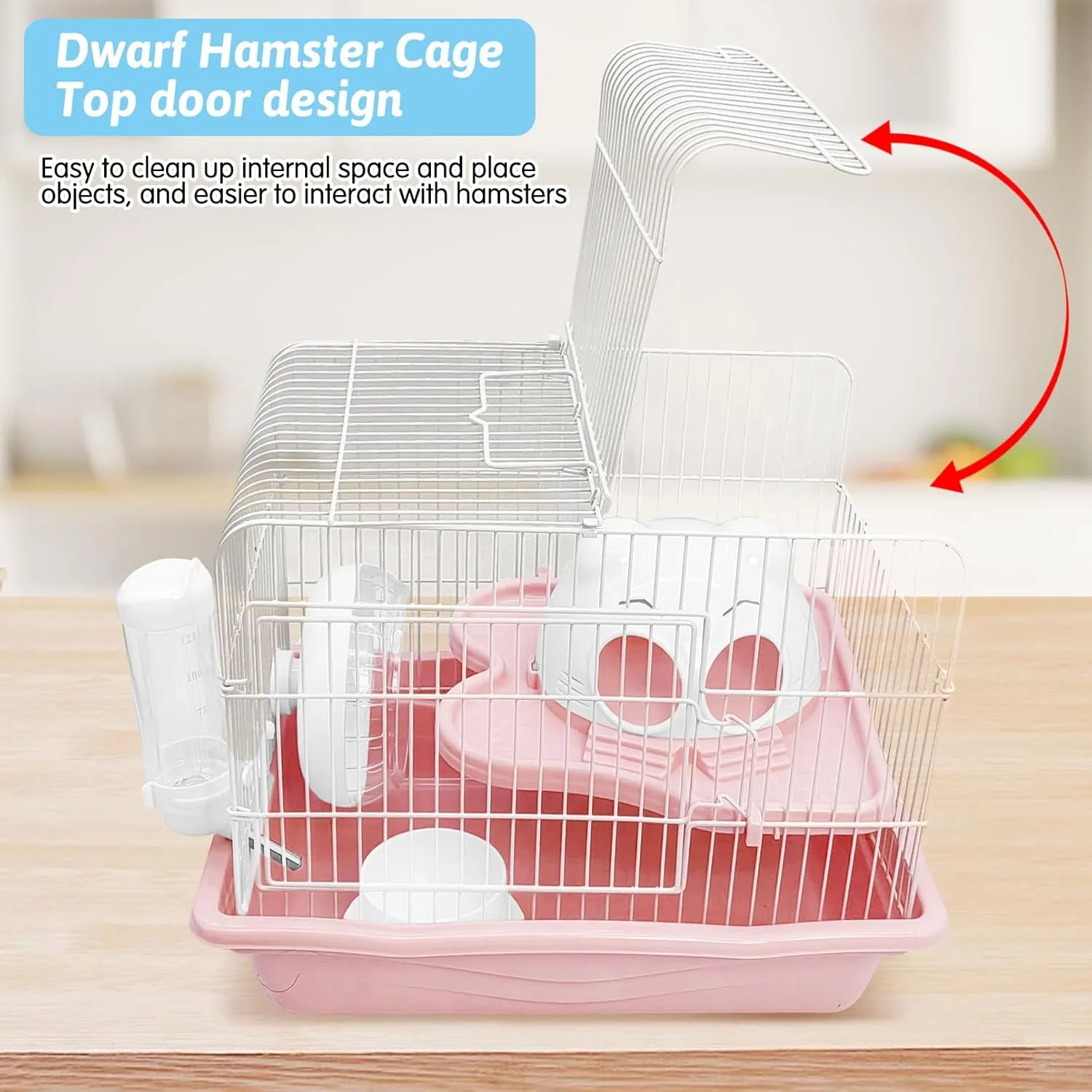 PINVNBY Dwarf Hamster Cage, Small Animal Cages, 2-Tier Travel Portable Mouse Cage Hamster Carrier with Castle House Running Exercise Wheels, Water Bottle and Food DisPink