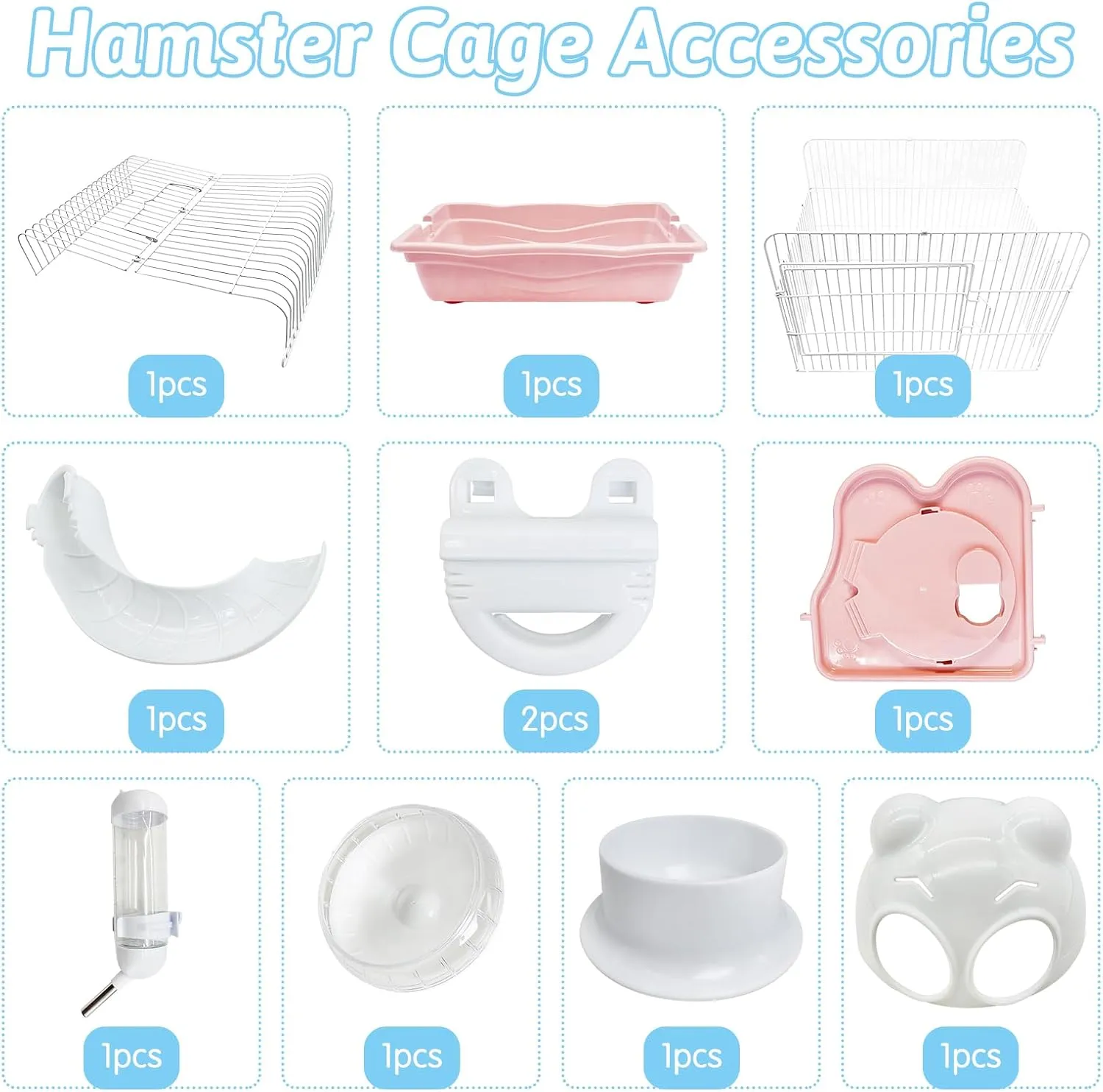PINVNBY Dwarf Hamster Cage, Small Animal Cages, 2-Tier Travel Portable Mouse Cage Hamster Carrier with Castle House Running Exercise Wheels, Water Bottle and Food DisPink