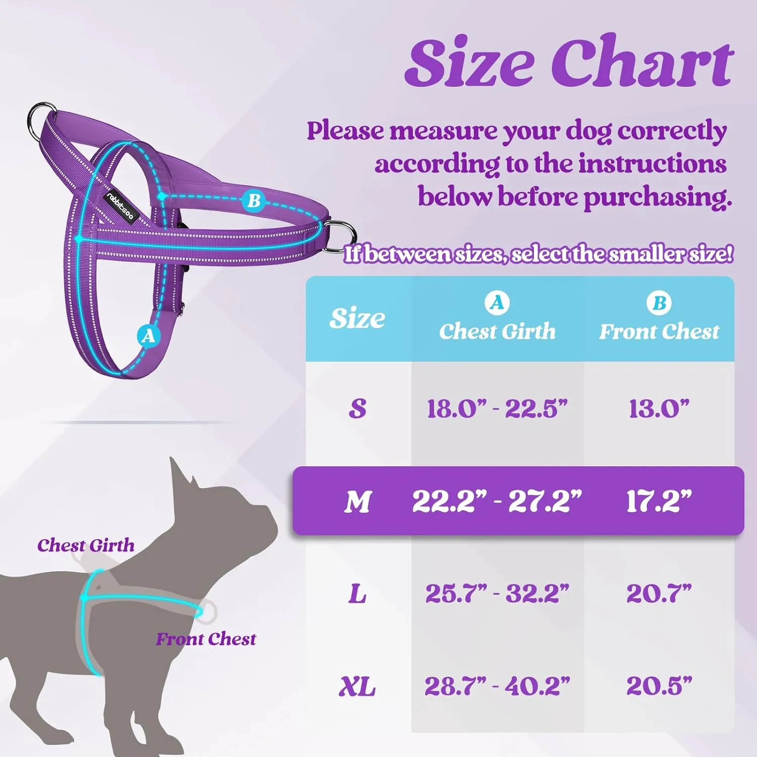 rabbitgoo Dog Harness No Pull, Quick Fit for Medium Sized Dog with Soft Padded Handle, Chest Adjustable Reflective Pet Vest, No Choke Escape Proof for Walking Training, Purple M
