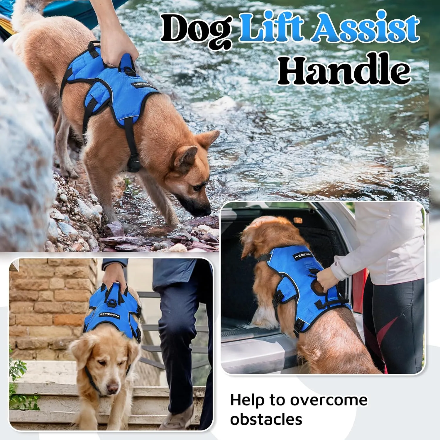 rabbitgoo Escape Proof Dog Harness, Soft Padded Full Body Pet Harness, Reflective Adjustable No Pull Vest with Lift Handle and Leash Clip for Large Dogs Walking Hiking Training, L, Blue