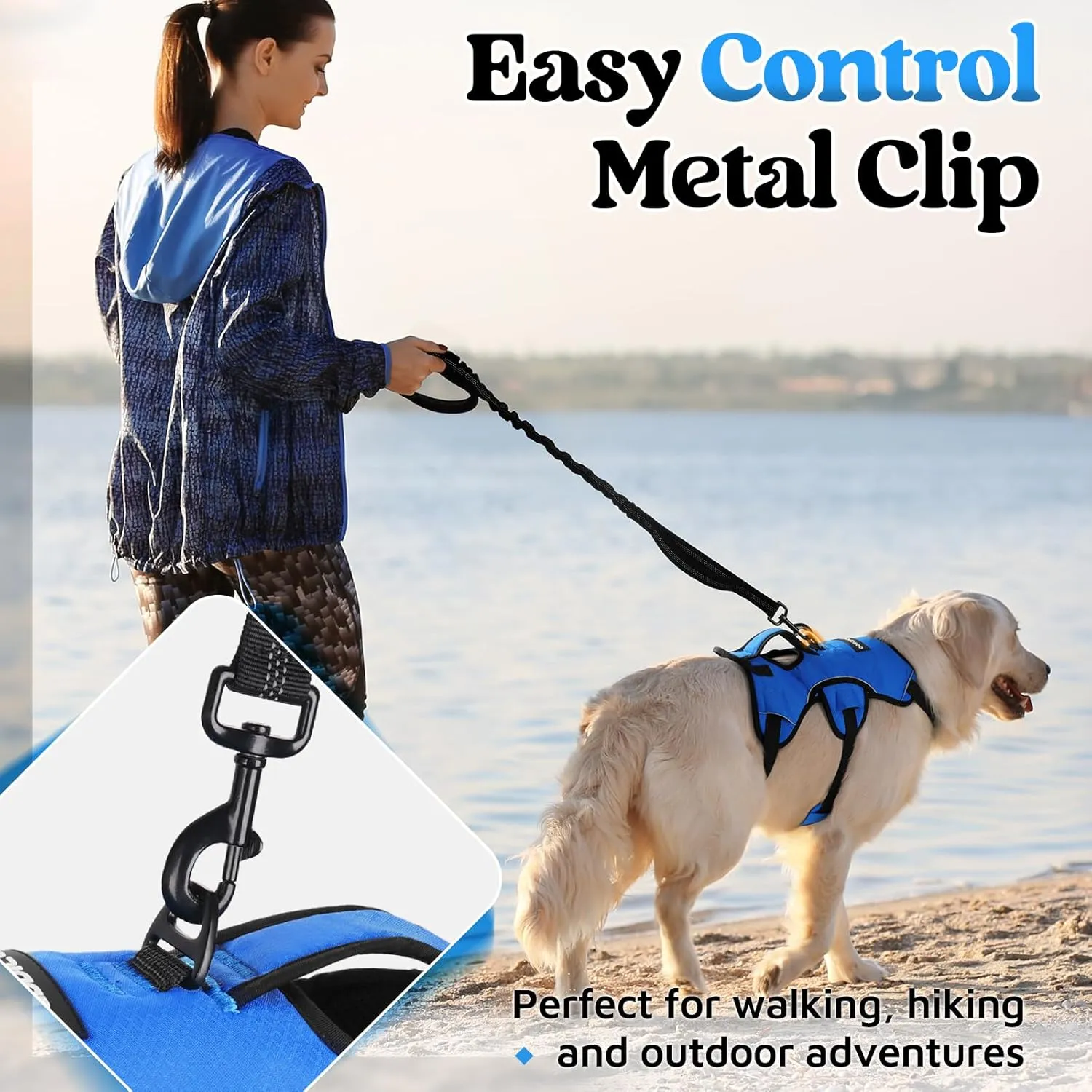 rabbitgoo Escape Proof Dog Harness, Soft Padded Full Body Pet Harness, Reflective Adjustable No Pull Vest with Lift Handle and Leash Clip for Large Dogs Walking Hiking Training, L, Blue