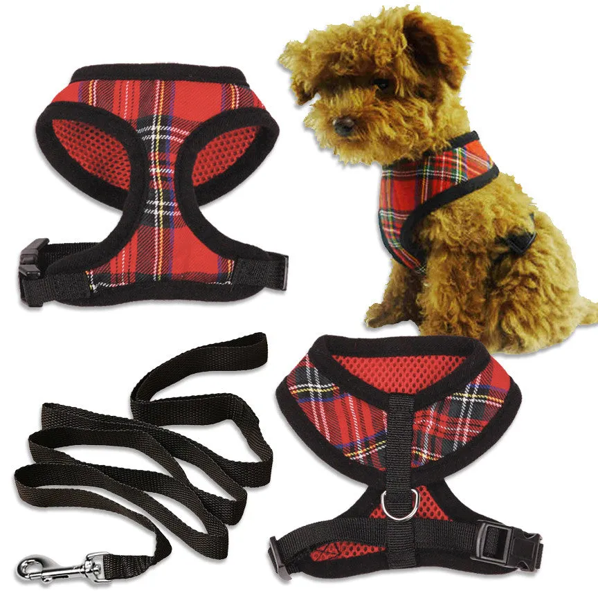 Red Tartan Plaid Harness with Leash for Small Pet Dogs