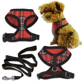 Red Tartan Plaid Harness with Leash for Small Pet Dogs