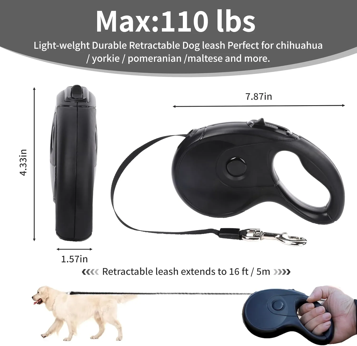 Retractable Dog Leash with Anti-Slip Soft Grip 16 ft Heavy Duty Reflective Nylon Tape Lead for Pets up to 88lbs Long Dog Leash with Anti-Twist Protection One-Handed Quick-Lock Braking System (Black)
